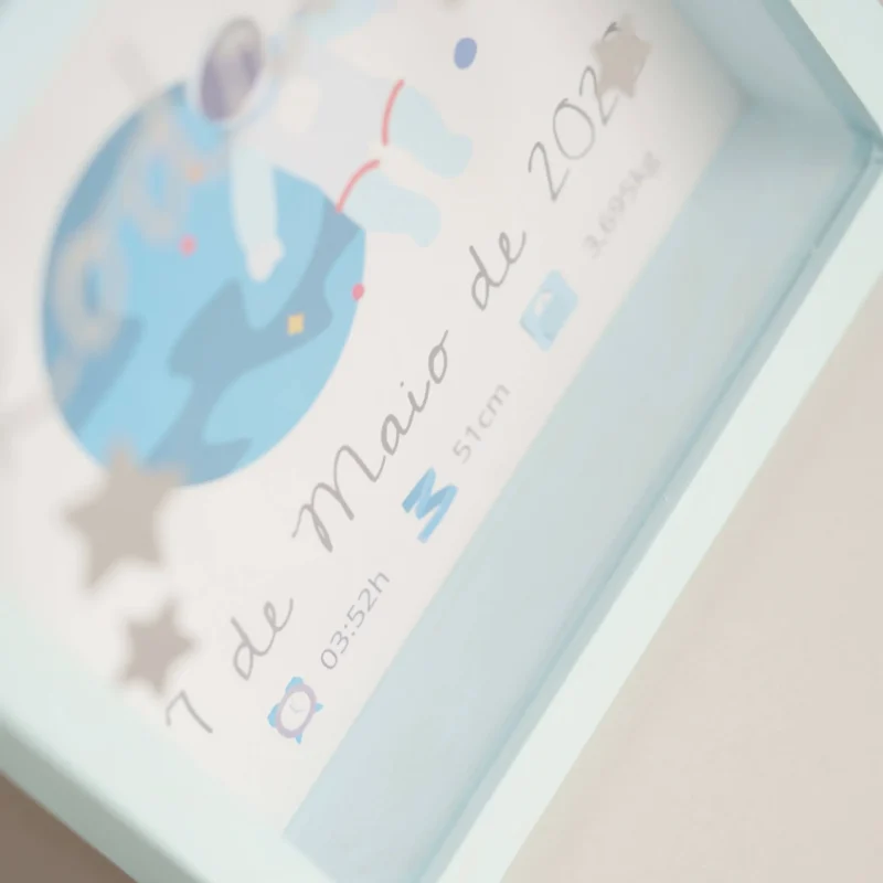 Quadro Mealheiro personalizado, contendo nome, data e detalhes de nascimento
